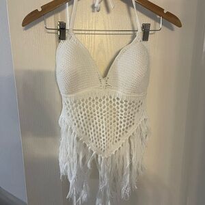White Crochet Fringe Crop Top